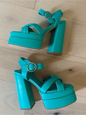 Teal Chunky High Heel Platform Sandals Size 6 With Buckle Closure